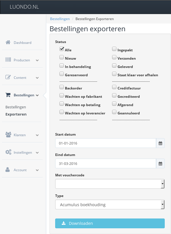 Hoe Luondo Webwinkels exporteren voor Acumulus - Stap 1