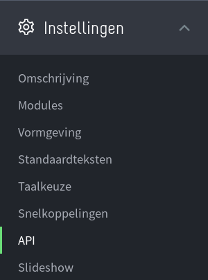 Log in bij Mijnwebwinkel en kies voor API in het Instellingen-menu.